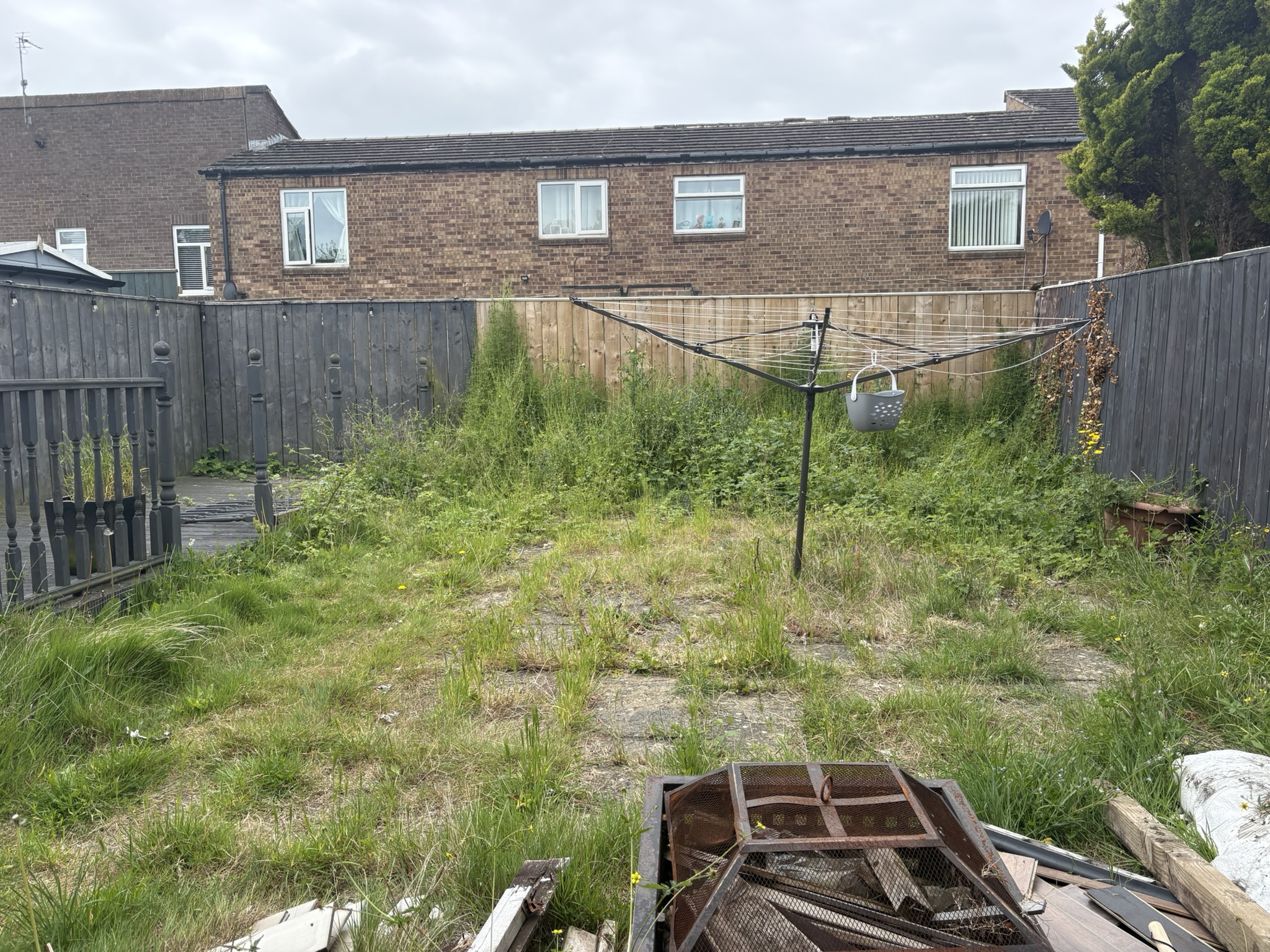 Overgrown garden and patio before clearance